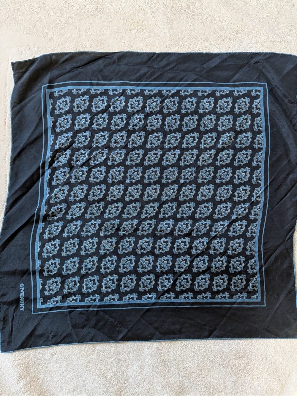 Vintage Givenchy 100% Silk Navy Blue Hand Rolled Square Scarf